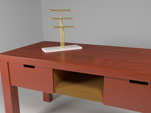 Golden jewelry holder on mahogany desk preview image